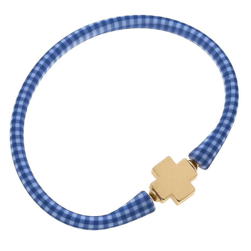 Canvas Style Bali 24k Gold Plated Cross Bead Silicone Bracelet In Blue Gingham