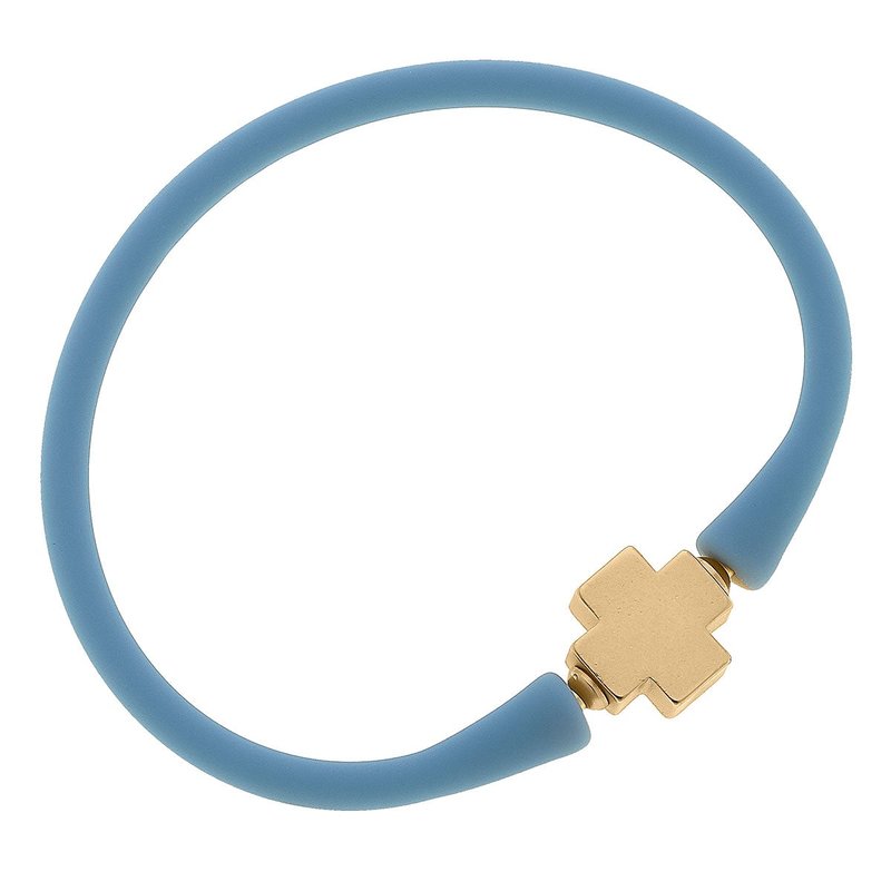 Canvas Style Bali 24k Gold Plated Cross Bead Silicone Bracelet In Blue Grey