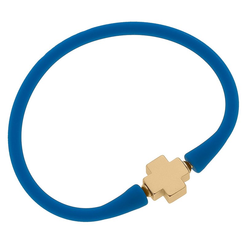 Canvas Style Bali 24k Gold Plated Cross Bead Silicone Bracelet In Blue