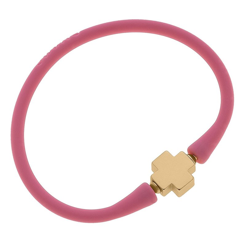 Canvas Style Bali 24k Gold Plated Cross Bead Silicone Bracelet In Bubblegum In Pink