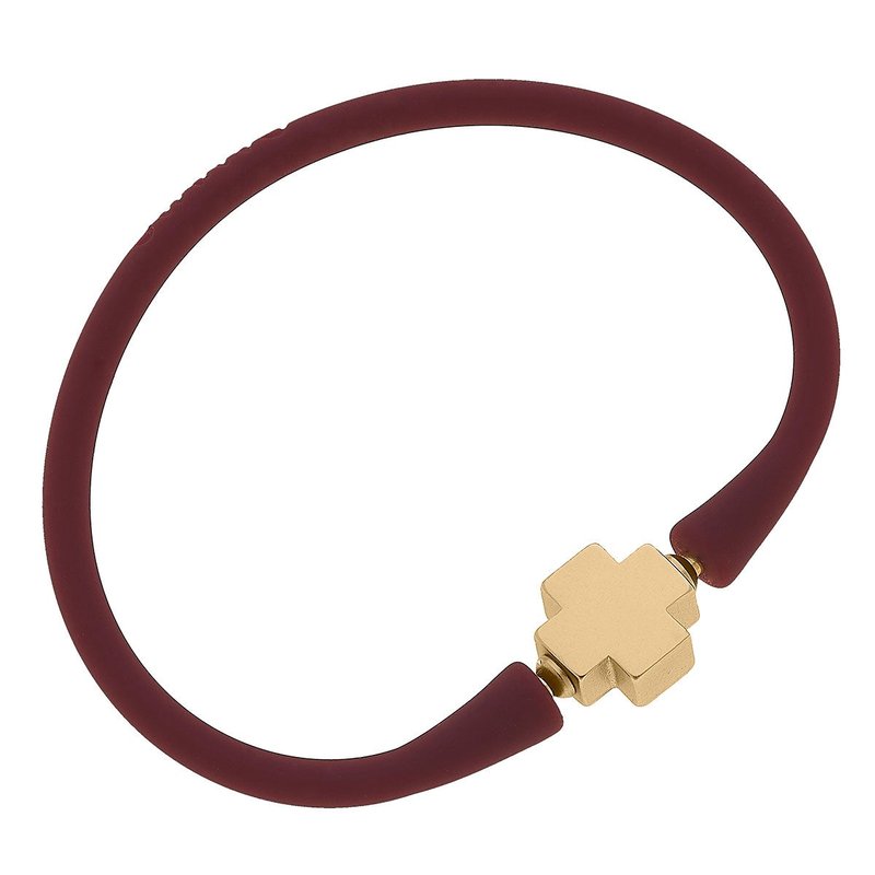 Canvas Style Bali 24k Gold Plated Cross Bead Silicone Bracelet In Burgundy In Red