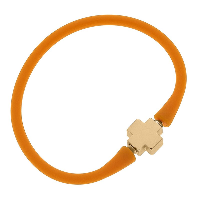 Canvas Style Bali 24k Gold Plated Cross Bead Silicone Bracelet In Cantaloupe In Orange