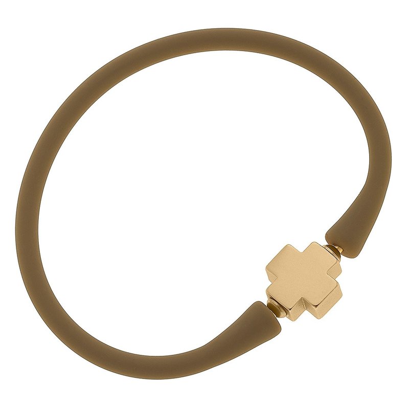 Canvas Style Bali 24k Gold Plated Cross Bead Silicone Bracelet In Cocoa In Brown