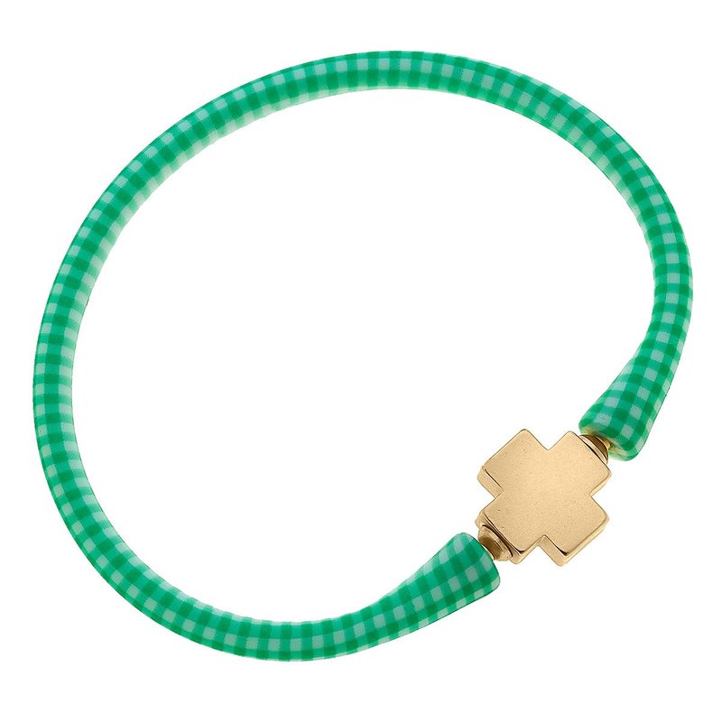 Canvas Style Bali 24k Gold Plated Cross Bead Silicone Bracelet In Green Gingham