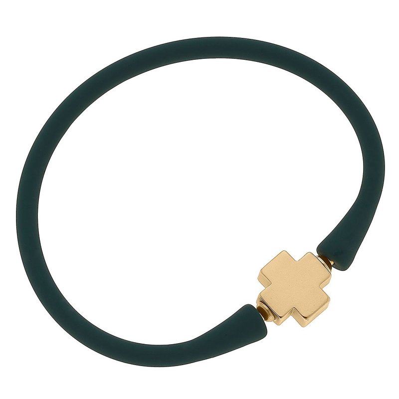 Canvas Style Bali 24k Gold Plated Cross Bead Silicone Bracelet In Hunter Green