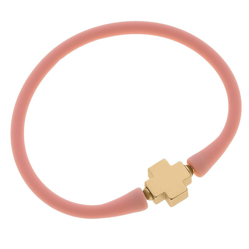 Canvas Style Bali 24k Gold Plated Cross Bead Silicone Bracelet In Light Pink