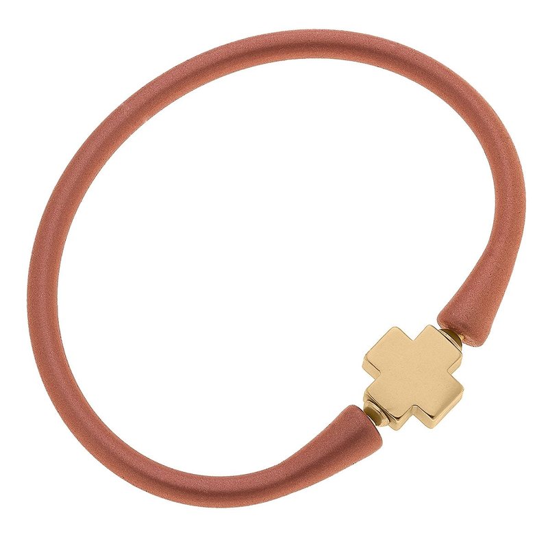 Canvas Style Bali 24k Gold Plated Cross Bead Silicone Bracelet In Metallic Bronze In Brown