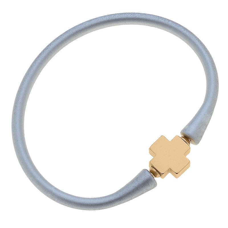 Canvas Style Bali 24k Gold Plated Cross Bead Silicone Bracelet In Metallic Silver In Grey