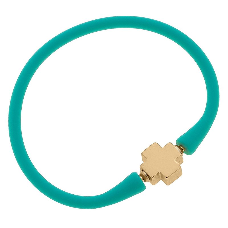 Canvas Style Bali 24k Gold Plated Cross Bead Silicone Bracelet In Mint In Green