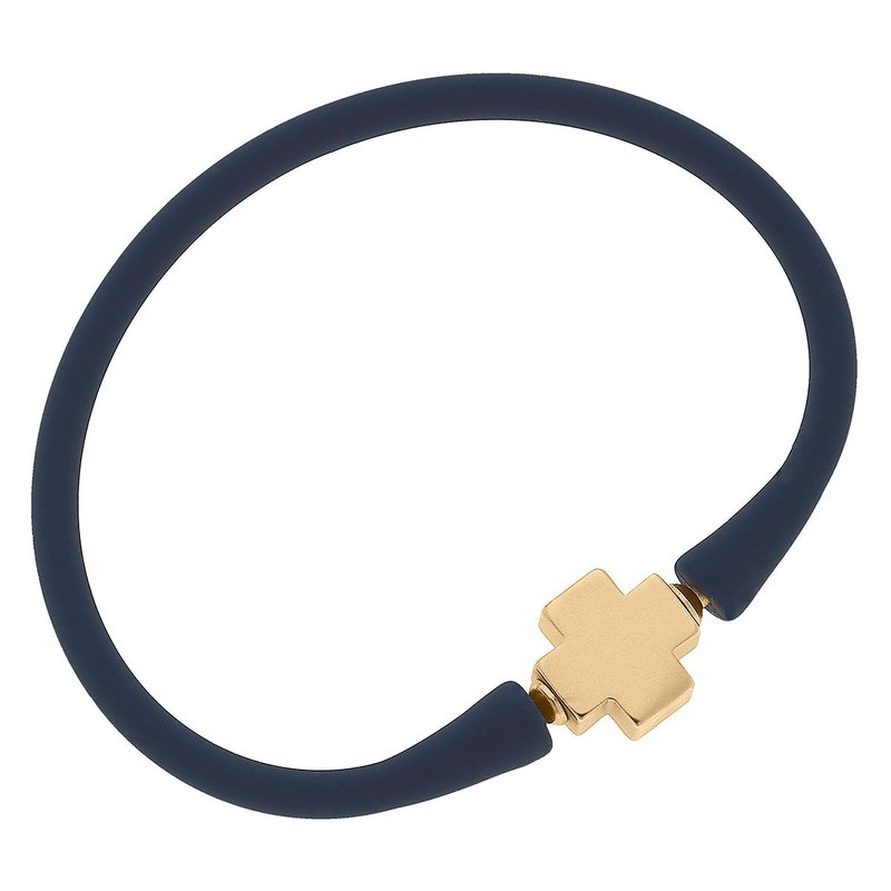 Canvas Style Bali 24k Gold Plated Cross Bead Silicone Bracelet In Navy In Blue