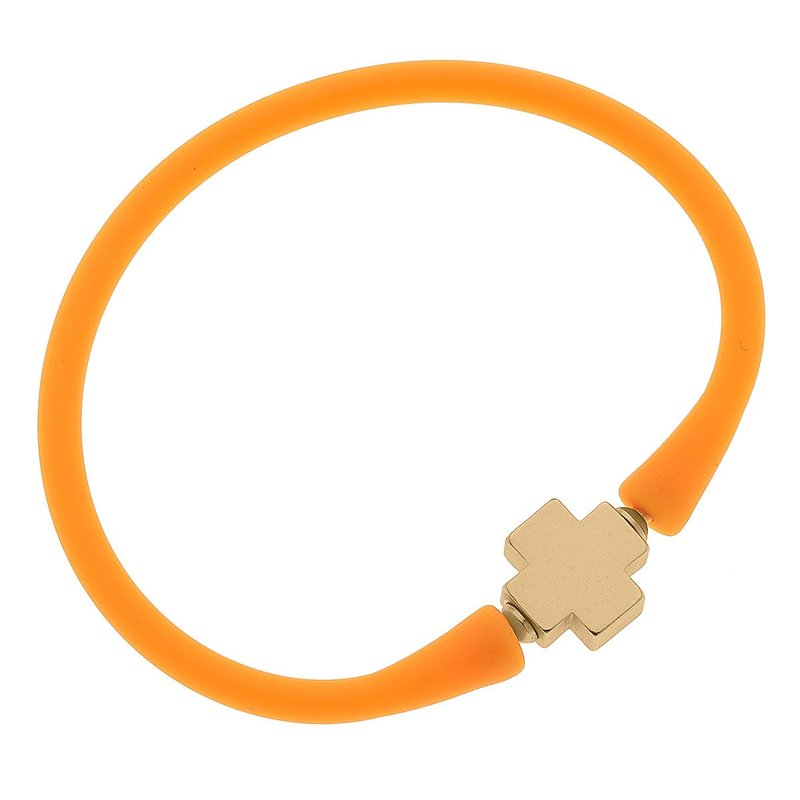 Canvas Style Bali 24k Gold Plated Cross Bead Silicone Bracelet In Neon Orange