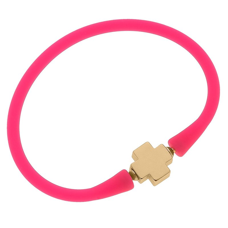 Canvas Style Bali 24k Gold Plated Cross Bead Silicone Bracelet In Neon Pink