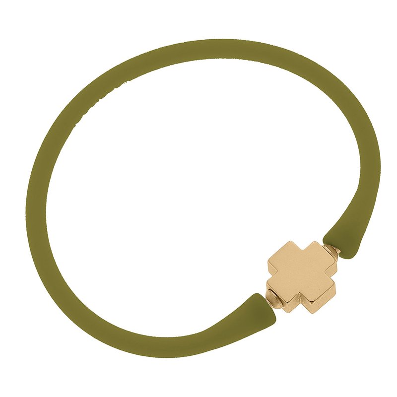 Canvas Style Bali 24k Gold Plated Cross Bead Silicone Bracelet In Olive In Green