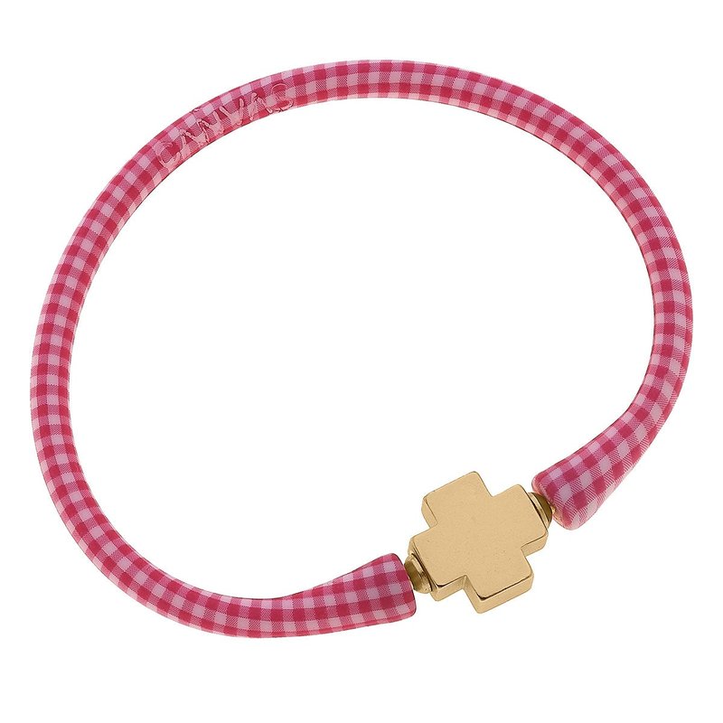 Canvas Style Bali 24k Gold Plated Cross Bead Silicone Bracelet In Pink Gingham