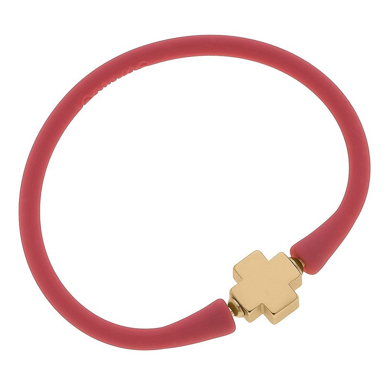 Canvas Style Bali 24k Gold Plated Cross Bead Silicone Bracelet In Pink