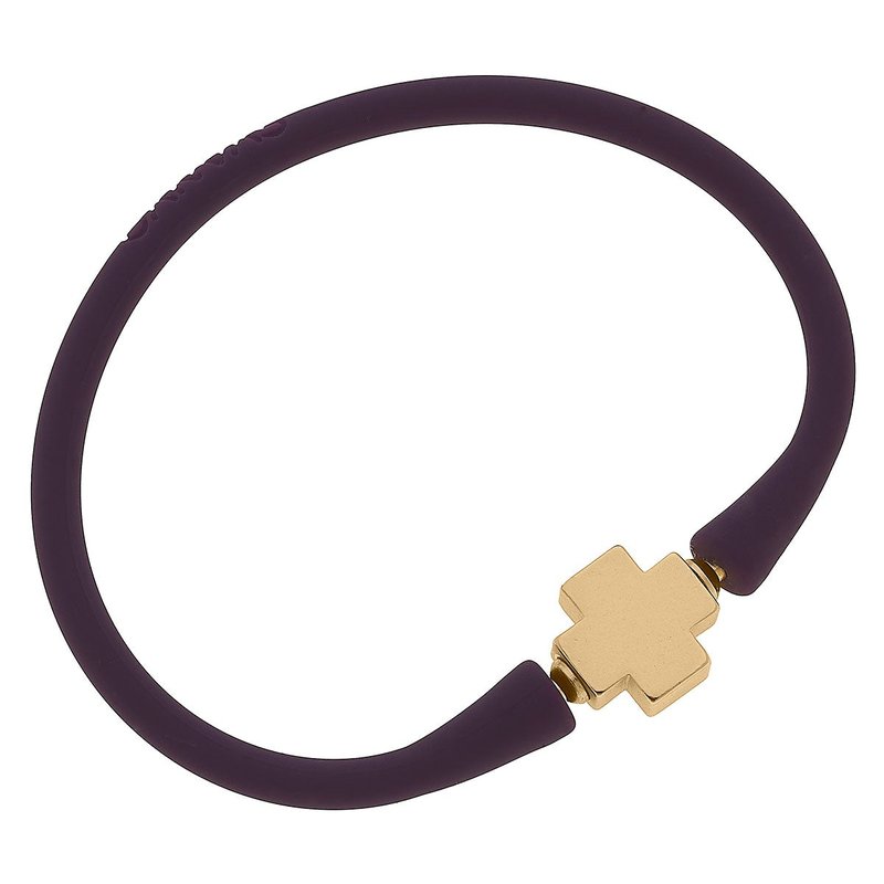 Canvas Style Bali 24k Gold Plated Cross Bead Silicone Bracelet In Plum In Purple