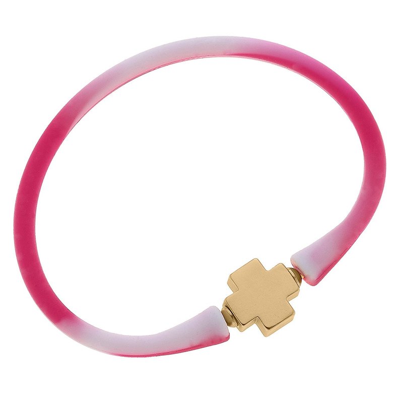 Canvas Style Bali 24k Gold Plated Cross Bead Silicone Bracelet In Tie Dye Pink
