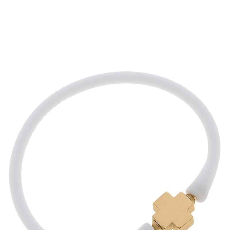 Canvas Style Bali 24k Gold Plated Cross Bead Silicone Bracelet In White
