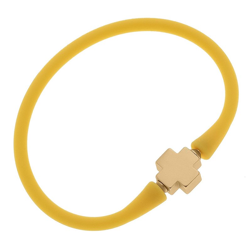 Canvas Style Bali 24k Gold Plated Cross Bead Silicone Bracelet In Yellow