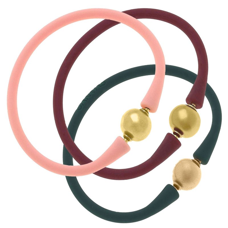 Canvas Style Bali 24k Gold Silicone Bracelet Holiday Stack Of 3 In Light Pink, Burgundy & Hunter Green