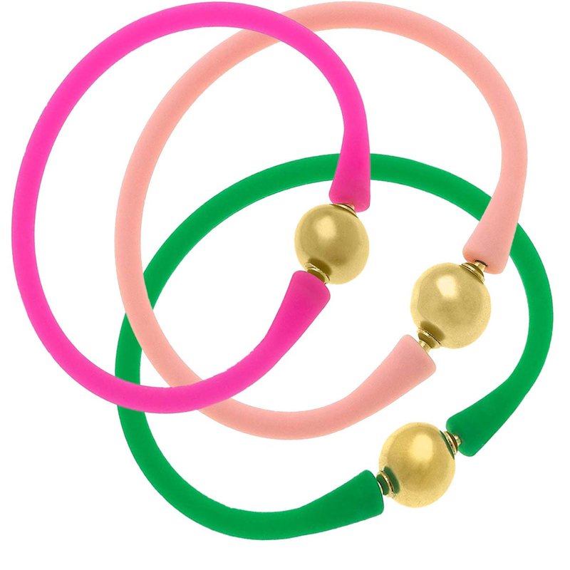 Canvas Style Bali 24k Gold Silicone Bracelet Holiday Stack Of 3 In Light Pink, Fuchsia & Green