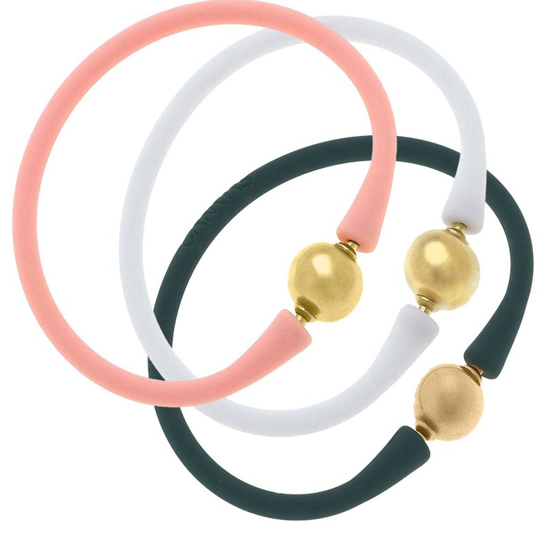 Canvas Style Bali 24k Gold Silicone Bracelet Holiday Stack Of 3 In Light Pink, White & Hunter Green