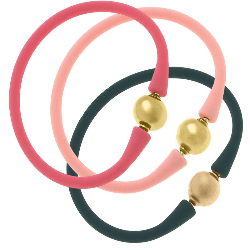 Canvas Style Bali 24k Gold Silicone Bracelet Holiday Stack Of 3 In Pink, Light Pink & Hunter Green