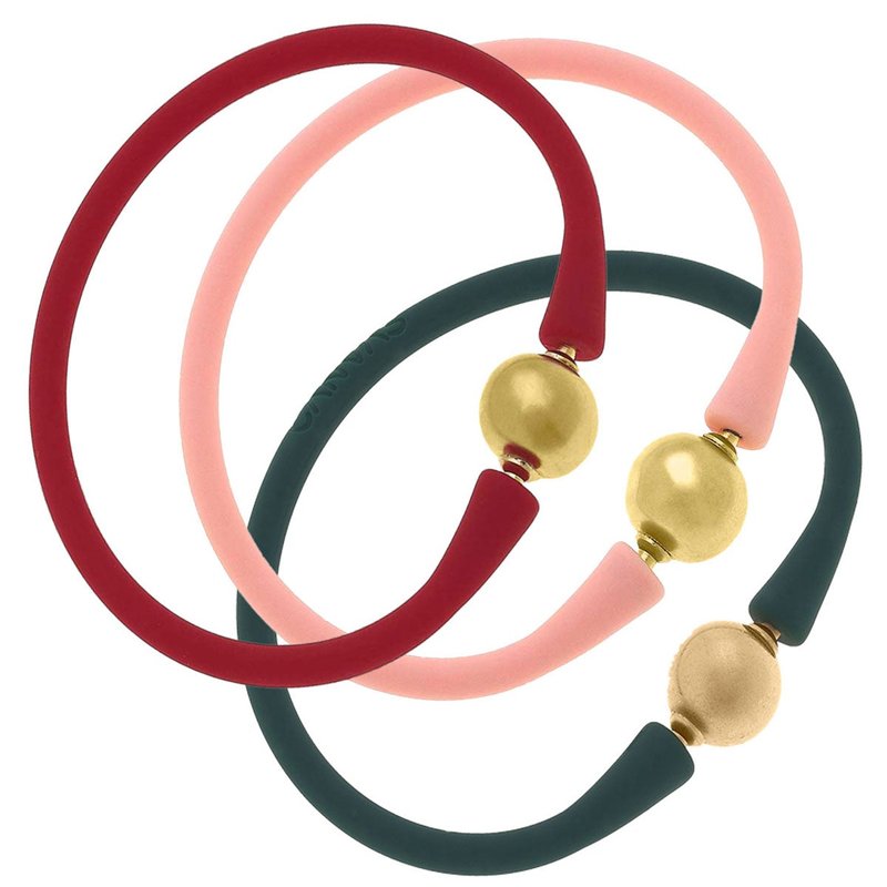 Canvas Style Bali 24k Gold Silicone Bracelet Holiday Stack Of 3 In Red, Light Pink & Hunter Green
