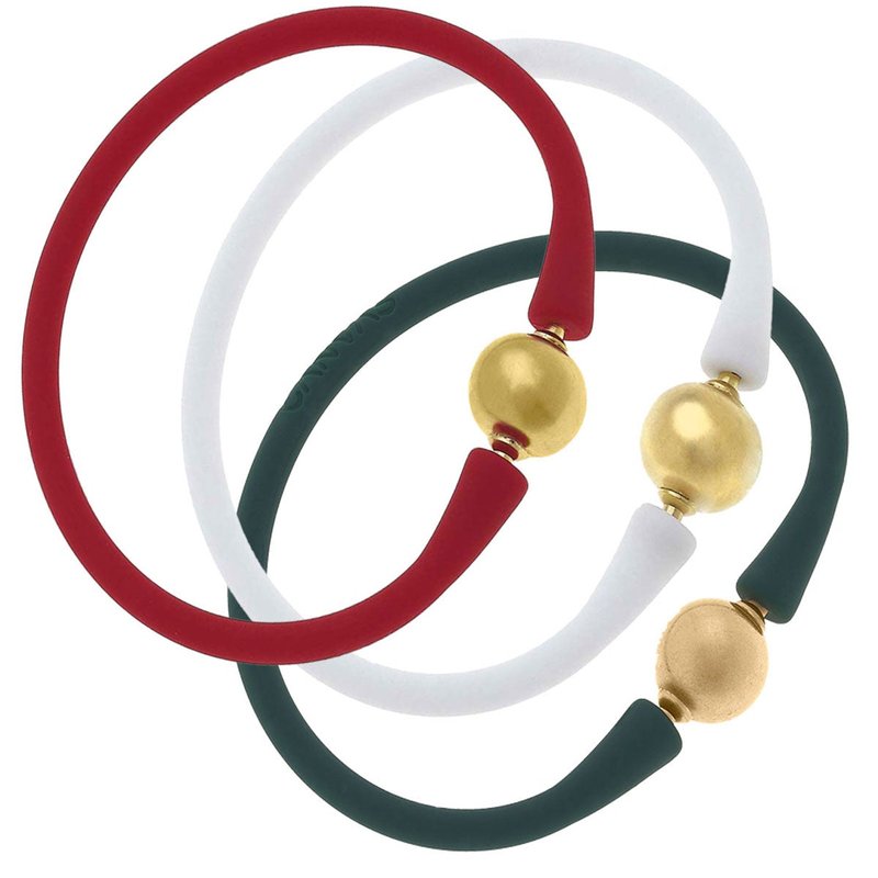 Canvas Style Bali 24k Gold Silicone Bracelet Holiday Stack Of 3 In Red, White & Hunter Green