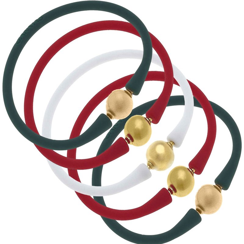 Canvas Style Bali 24k Gold Silicone Bracelet Holiday Stack Of 5 In Red, White & Hunter Green