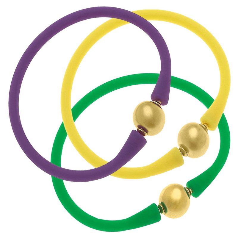 Canvas Style Bali 24k Gold Silicone Bracelet Mardi Gras Stack Of 3 In Purple, Green & Yellow