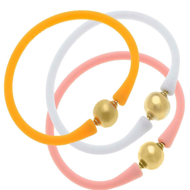 Canvas Style Bali 24k Gold Silicone Bracelet Stack Of 3 In Cantaloupe, White & Light Pink