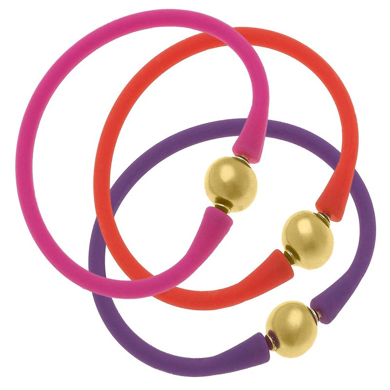 Canvas Style Bali 24k Gold Silicone Bracelet Stack Of 3 In Magenta, Orange & Purple