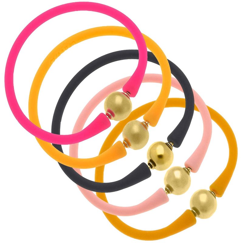 Canvas Style Bali 24k Gold Silicone Bracelet Stack Of 5 In Neon Pink, Neon Orange, Black, Light Pink & Cantaloupe