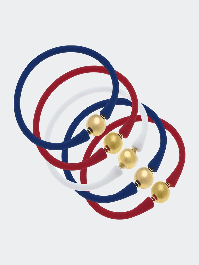 Bali 24K Gold Silicone Bracelet Stack Of 5 - Red, White & Royal Blue - Red/White/Royal Blue