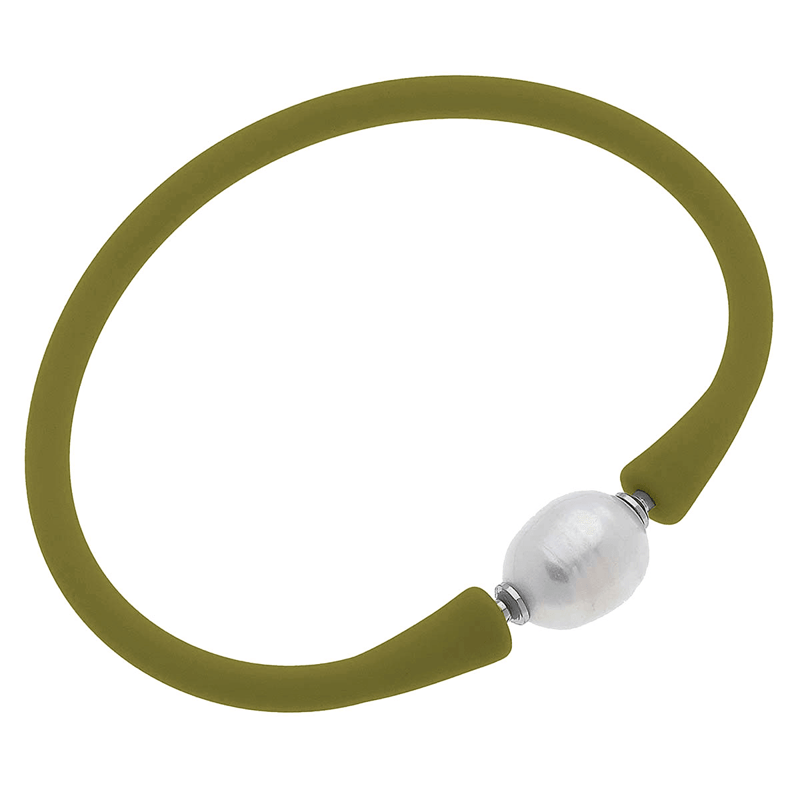 Canvas Style Bali Freshwater Pearl Silicone Bracelet In Olive In Green