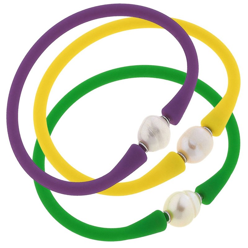 Canvas Style Bali Freshwater Pearl Silicone Bracelet Mardi Gras Stack Of 3 In Purple