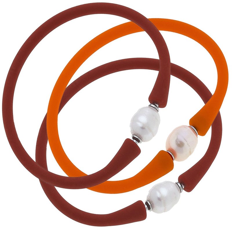 Canvas Style Bali Freshwater Pearl Silicone Bracelet Pumpkin Spice Stack Of 3 In Rust & Orange In Red