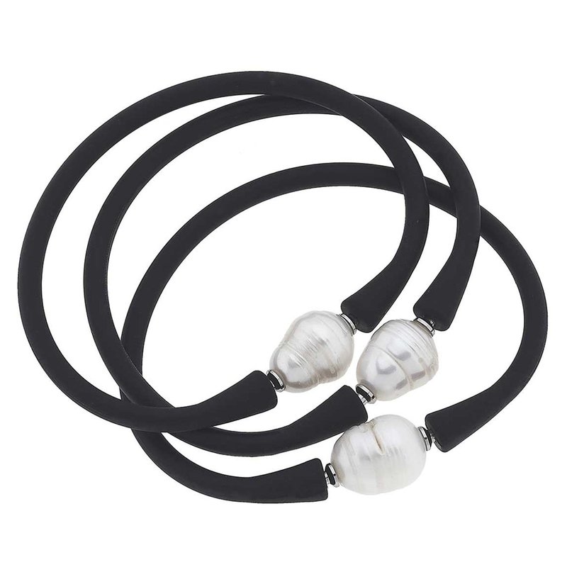 Canvas Style Bali Freshwater Pearl Silicone Bracelet Set Of 3 In Black