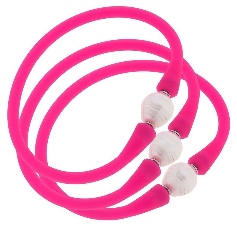 Canvas Style Bali Freshwater Pearl Silicone Bracelet Set Of 3 In Pink