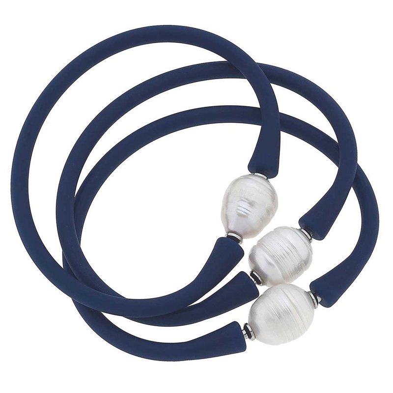 Canvas Style Bali Freshwater Pearl Silicone Bracelet Set Of 3 In Blue