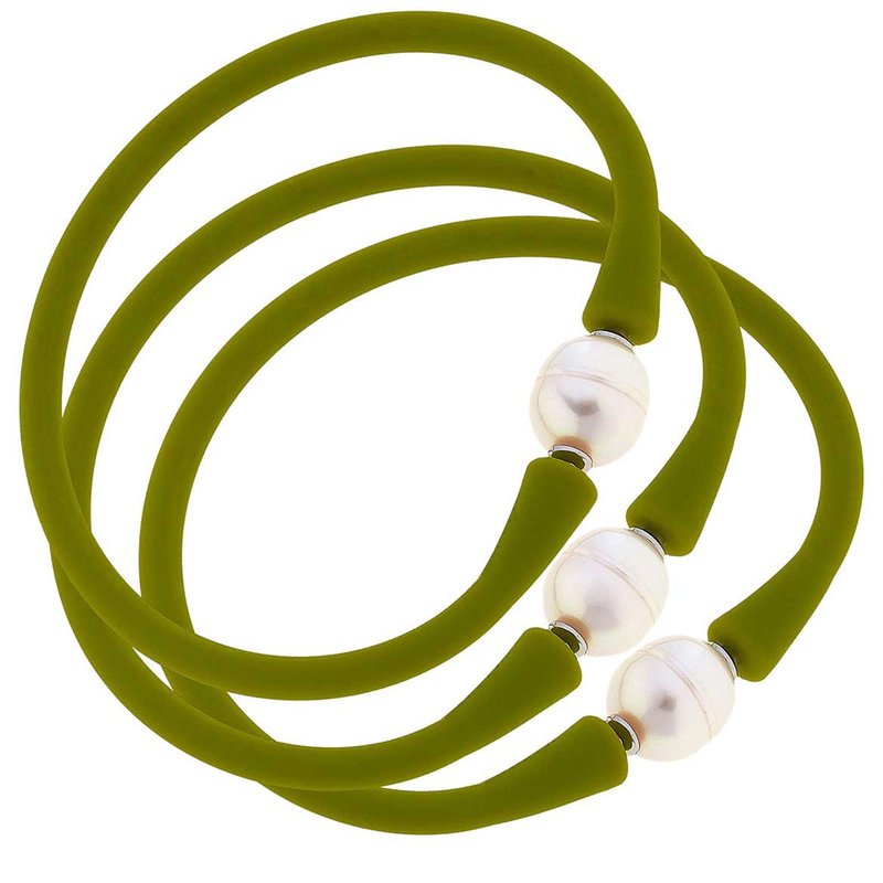 Canvas Style Bali Freshwater Pearl Silicone Bracelet Set Of 3 In Green