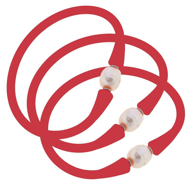 Canvas Style Bali Freshwater Pearl Silicone Bracelet Set Of 3 In Red