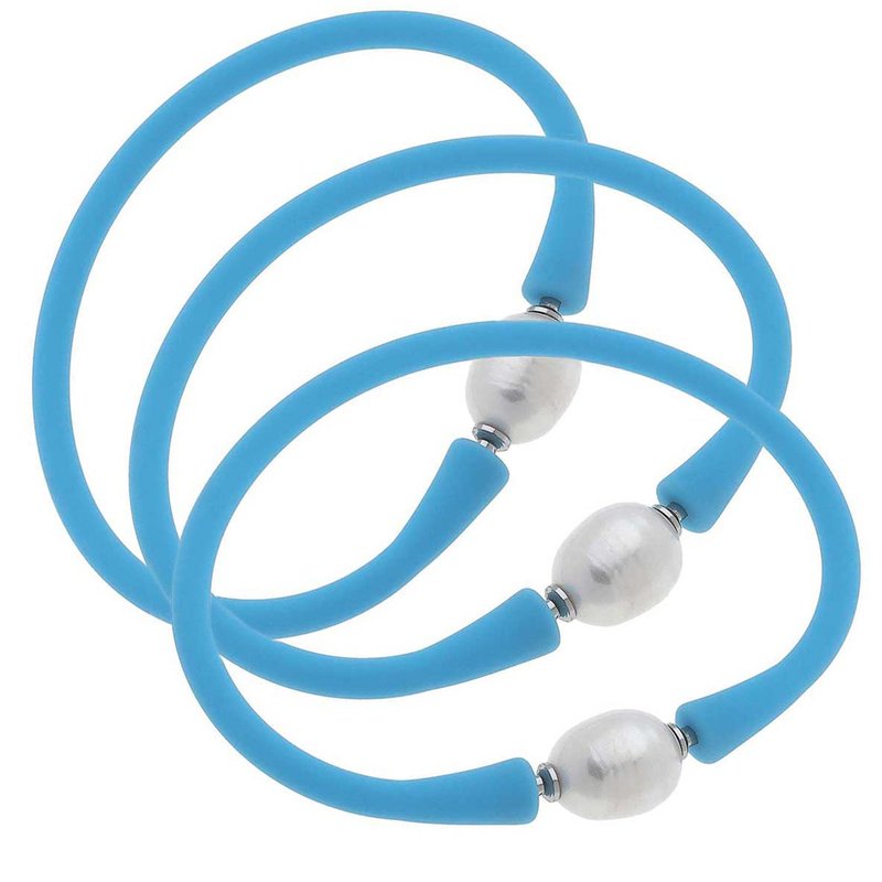 Canvas Style Bali Freshwater Pearl Silicone Bracelet Set Of 3 In Blue