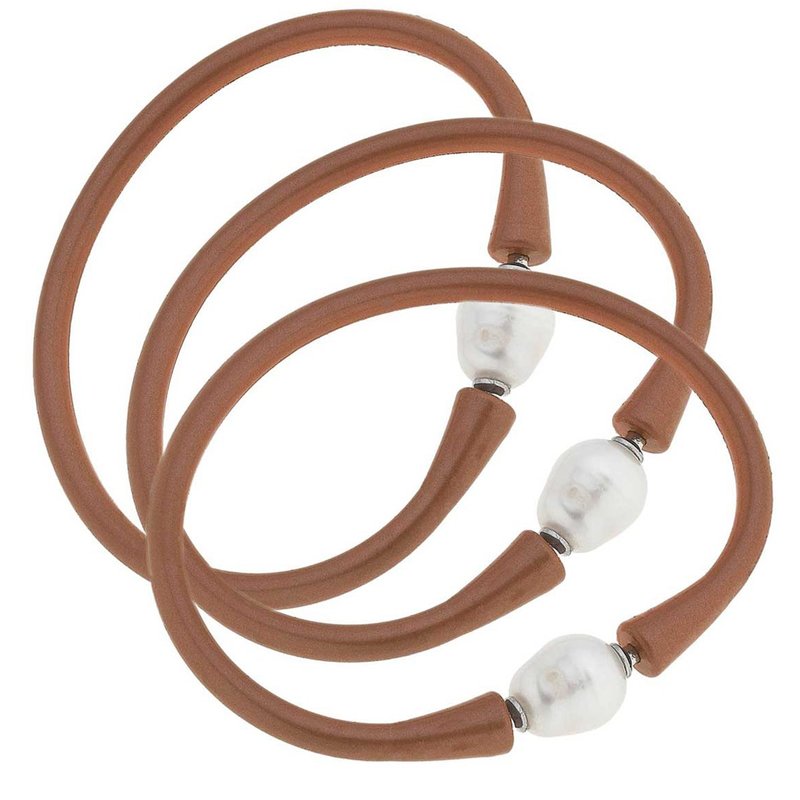 Canvas Style Bali Freshwater Pearl Silicone Bracelet Set Of 3 In Brown