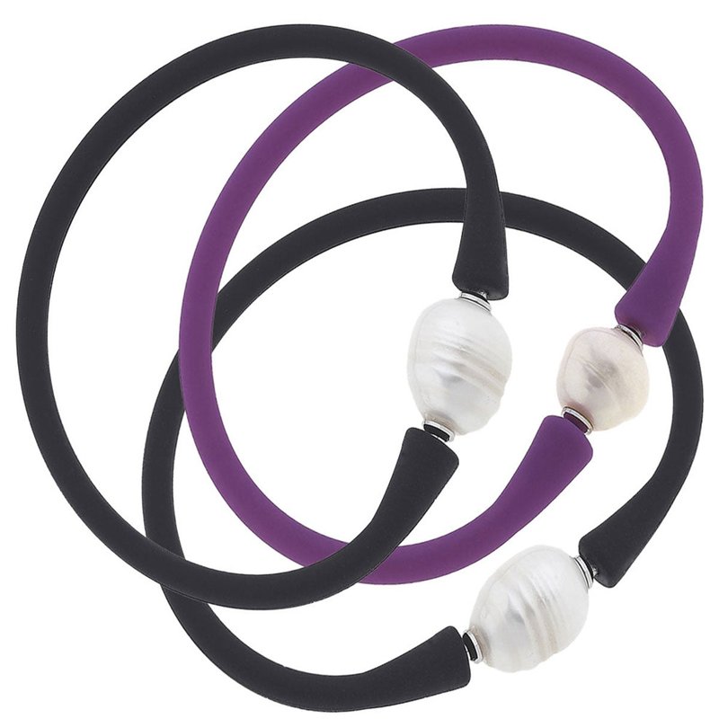 Canvas Style Bali Freshwater Pearl Silicone Bracelet Stack Of 3 In Black & Purple