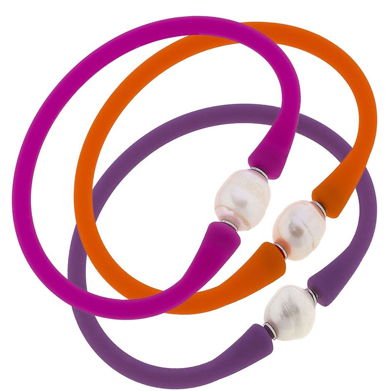 Canvas Style Bali Freshwater Pearl Silicone Bracelet Stack Of 3 In Magenta, Orange & Purple