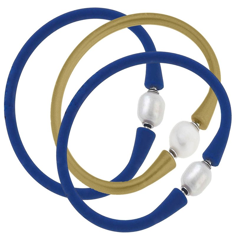 Canvas Style Bali Freshwater Pearl Silicone Bracelet Stack Of 3 In Royal Blue & Gold
