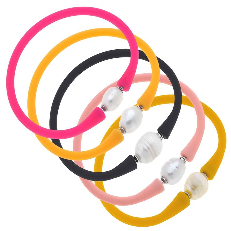 Canvas Style Bali Freshwater Pearl Silicone Bracelet Stack Of 5 In Neon Pink, Neon Orange, Black, Light Pink & Ca