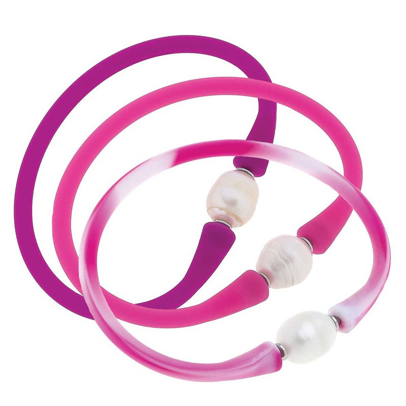 Canvas Style Bali Freshwater Pearl Silicone Flirt Bracelet Set Of 3 In Pink